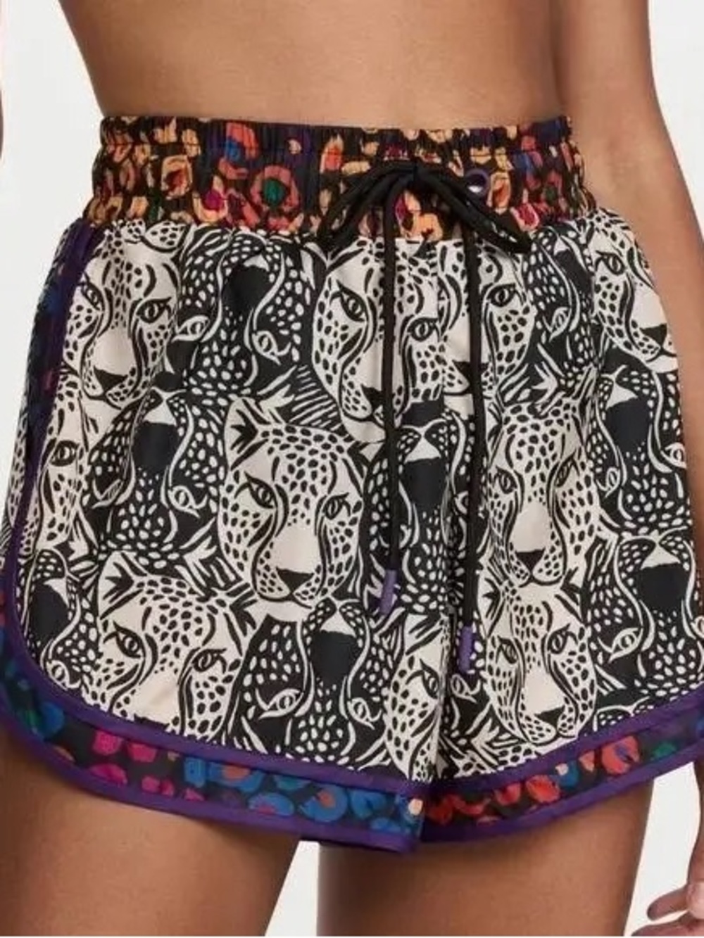 NWOT FARM Rio Black & White Leopard Face Athletic Shorts with Multicolor Trim